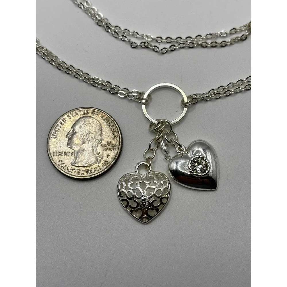 Candies Silver Tone Double Strand Heart Pendant Long Necklace 32 Inch Rhinestone